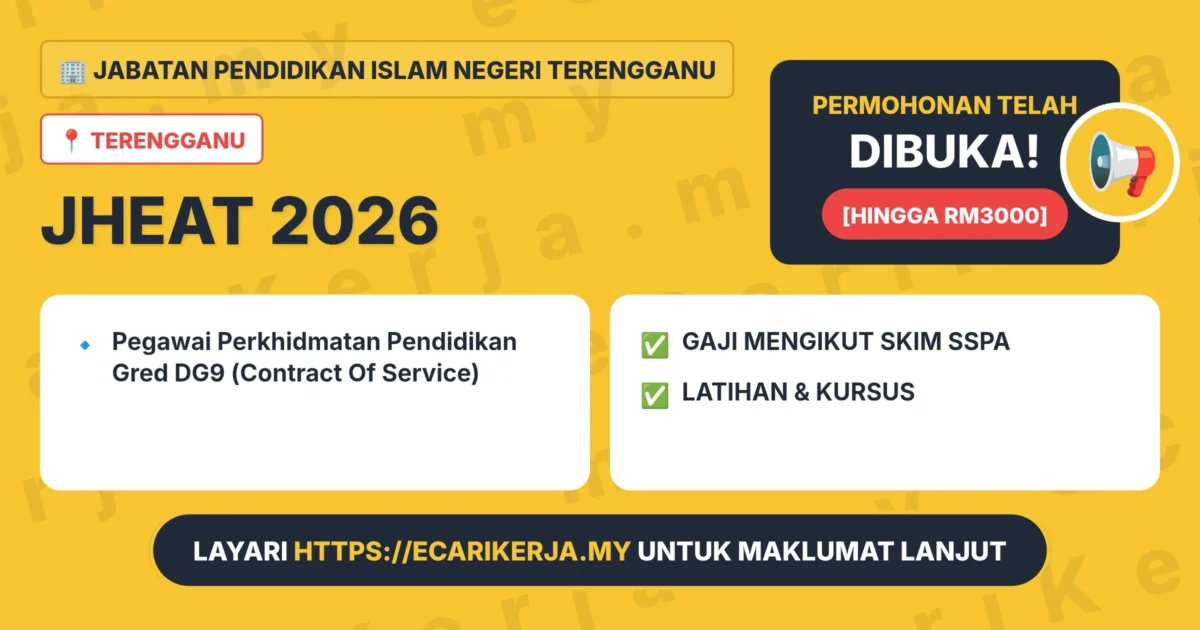 Jawatan Kosong Pegawai Perkhidmatan Pendidikan Gred Dg9 (Contract Of Service) - Jabatan Pendidikan Islam Negeri Terengganu 2026 (Tetap Sspa) 1 Jawatan Kosong Jabatan Pendidikan Islam Negeri Terengganu 2026 - Pegawai Perkhidmatan Pendidikan Gred Dg9 (Contract Of Service)
