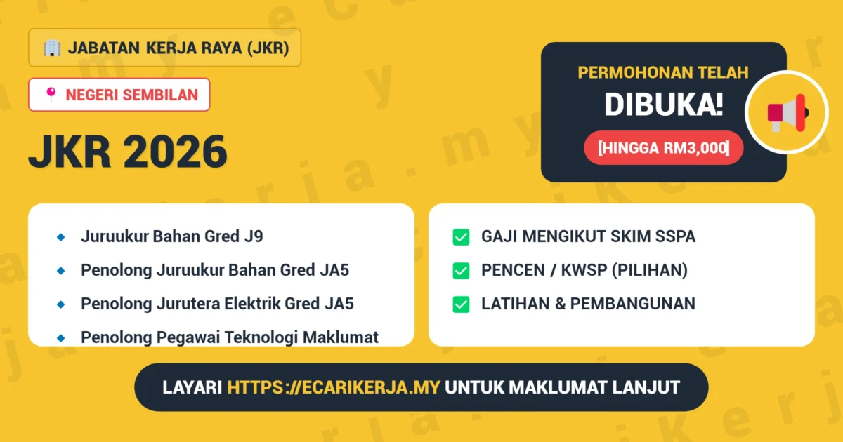 Jawatan Kosong Juruukur Bahan Gred J9 &Amp; 4+ Jawatan Lain Di Jabatan Kerja Raya (Jkr) 2026 (Kontrak) 1 Jawatan Kosong Jabatan Kerja Raya (Jkr) 2026 - Juruukur Bahan Gred J9, Penolong Juruukur Bahan Gred Ja5, Penolong Jurutera Elektrik Gred Ja5 Dan Lain-Lain